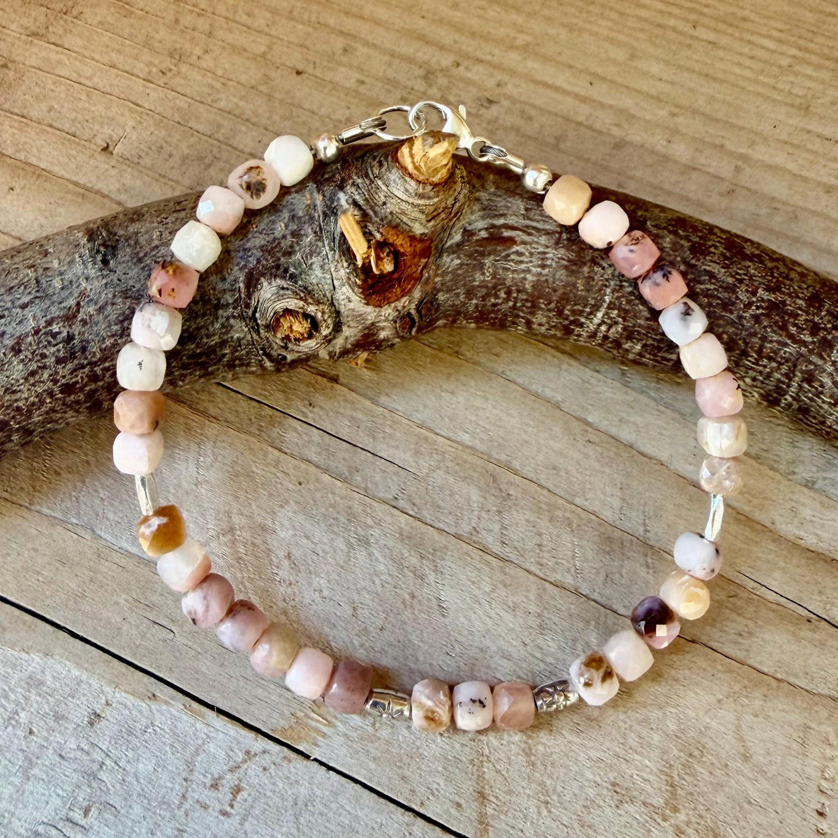 Natural Pink Opal Bracelet, Dainty Sterling Silver Gemstone Bracelet