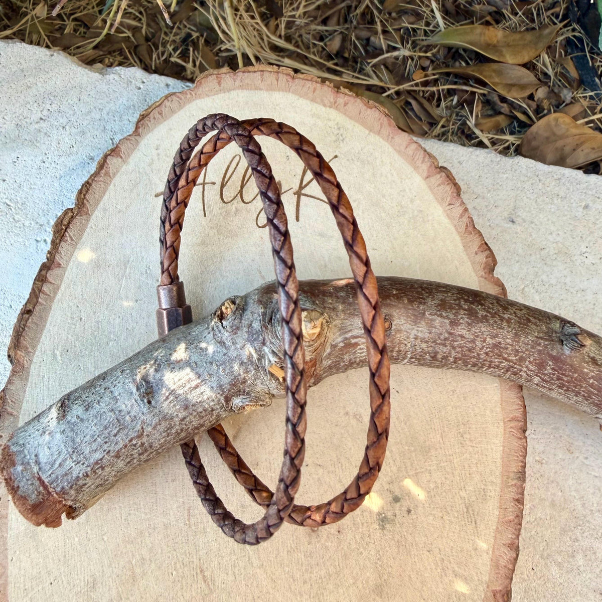 Brown Leather Wrap Bracelet • 3mm Braided Bolo Leather • Copper Magnetic Clasp