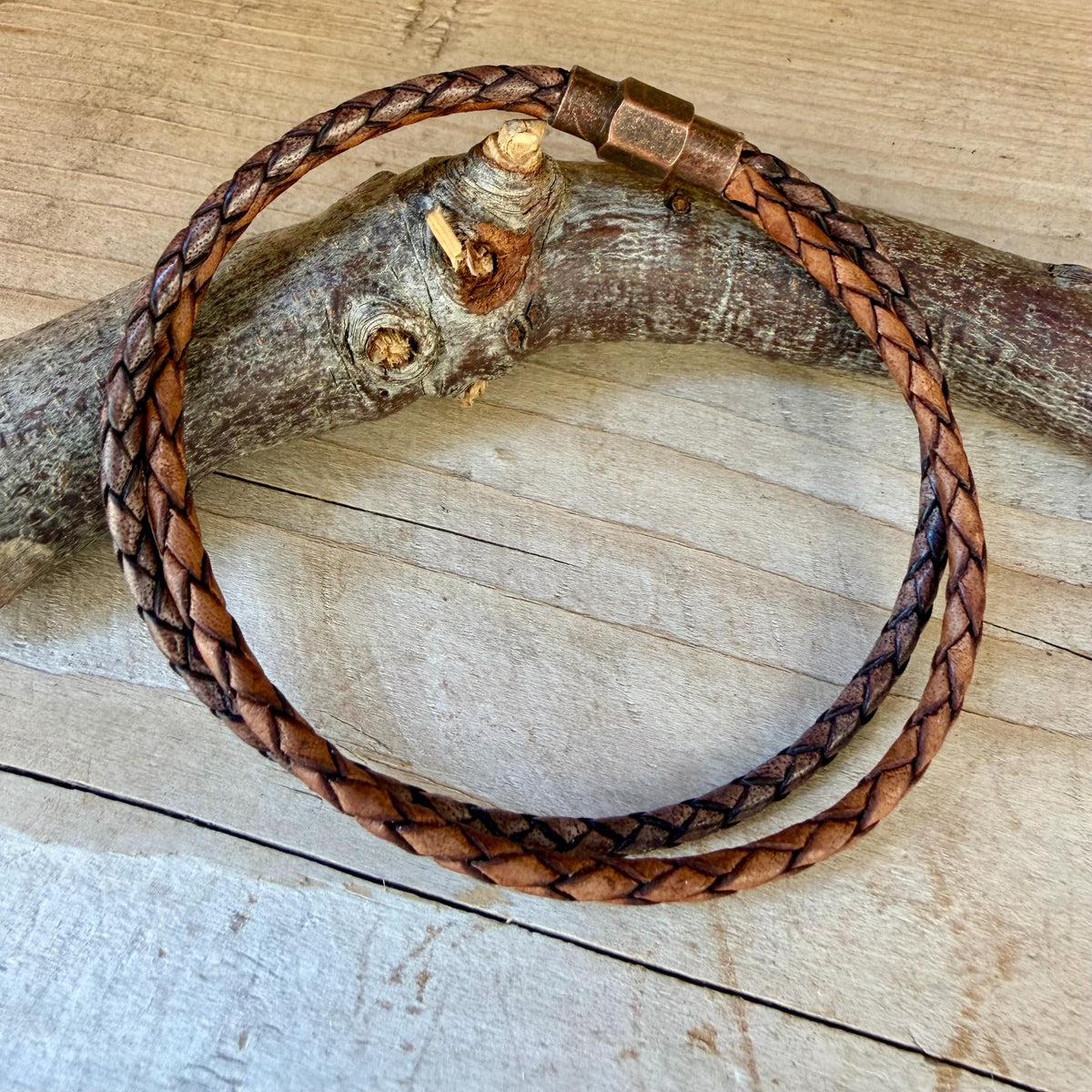 Brown Leather Wrap Bracelet • 3mm Braided Bolo Leather • Copper Magnetic Clasp