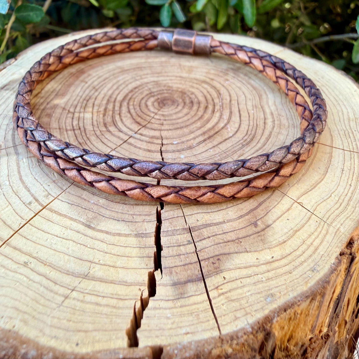 Brown Leather Wrap Bracelet • 3mm Braided Bolo Leather • Copper Magnetic Clasp