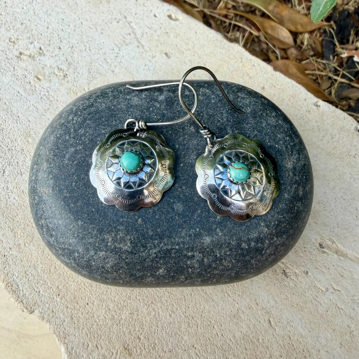 Number 8 Turquoise Concho Earrings | Sterling Silver Western Dangles