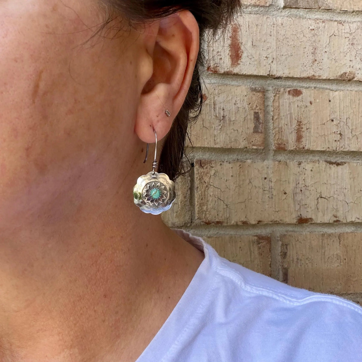 Number 8 Turquoise Concho Earrings | Sterling Silver Western Dangles