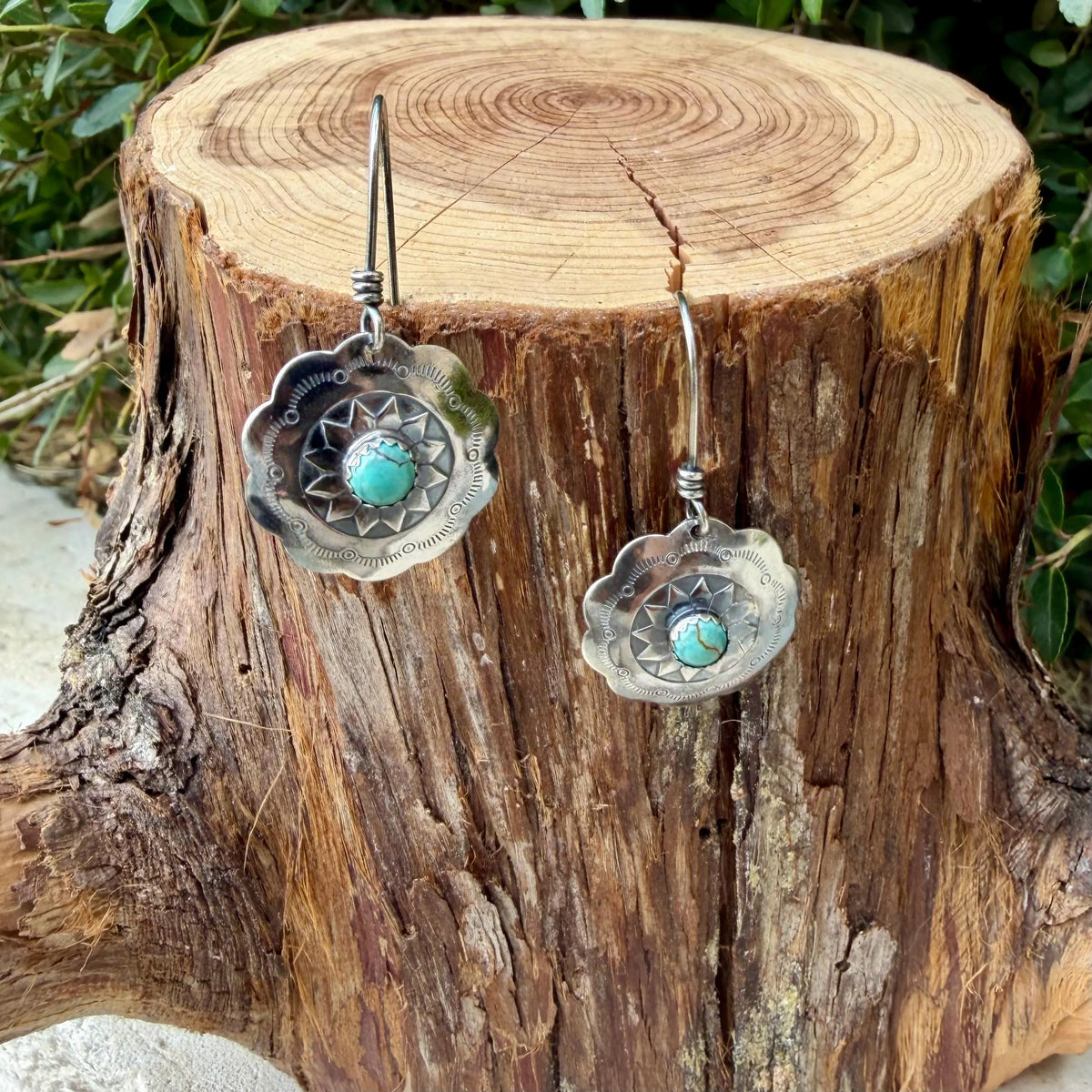 Number 8 Turquoise Concho Earrings | Sterling Silver Western Dangles