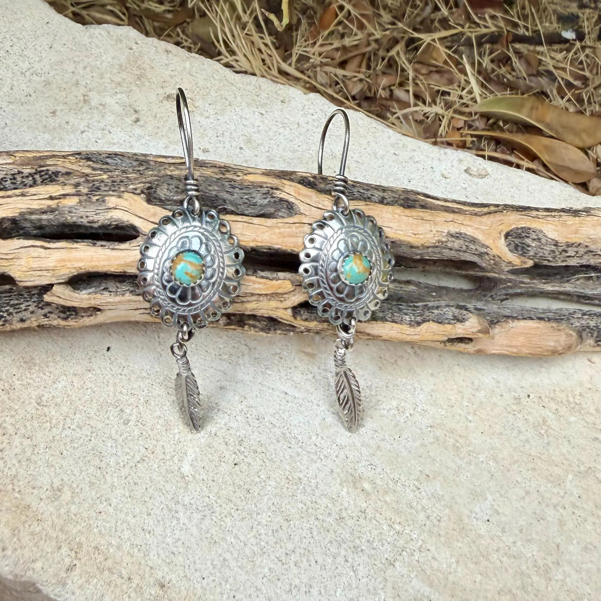 Kingman Turquoise Concho Earrings • Sterling Feather Dangle • Southwestern Style
