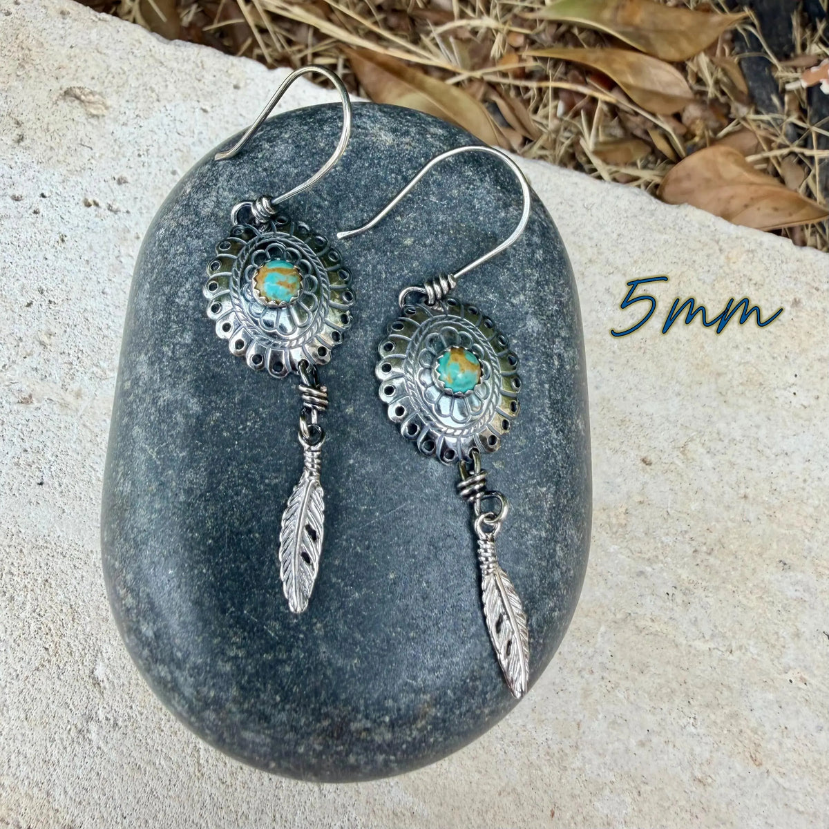 Kingman Turquoise Concho Earrings • Sterling Feather Dangle • Southwestern Style