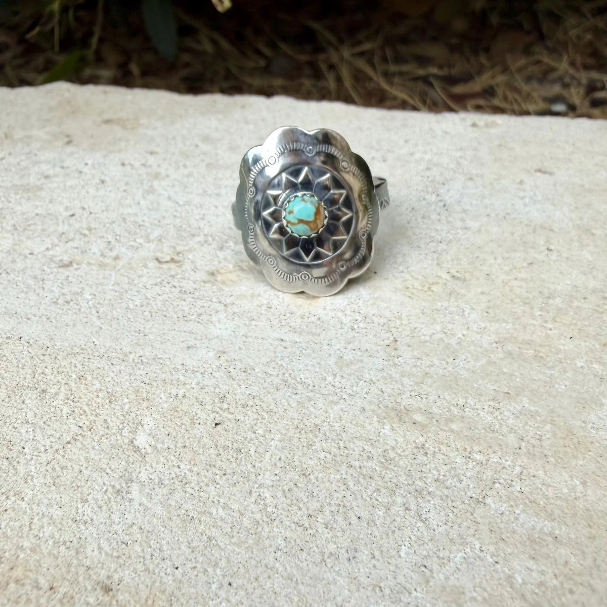 Turquoise Sunflower Concho Sterling Silver Ring • Number 8 Turquoise • Southwestern Band