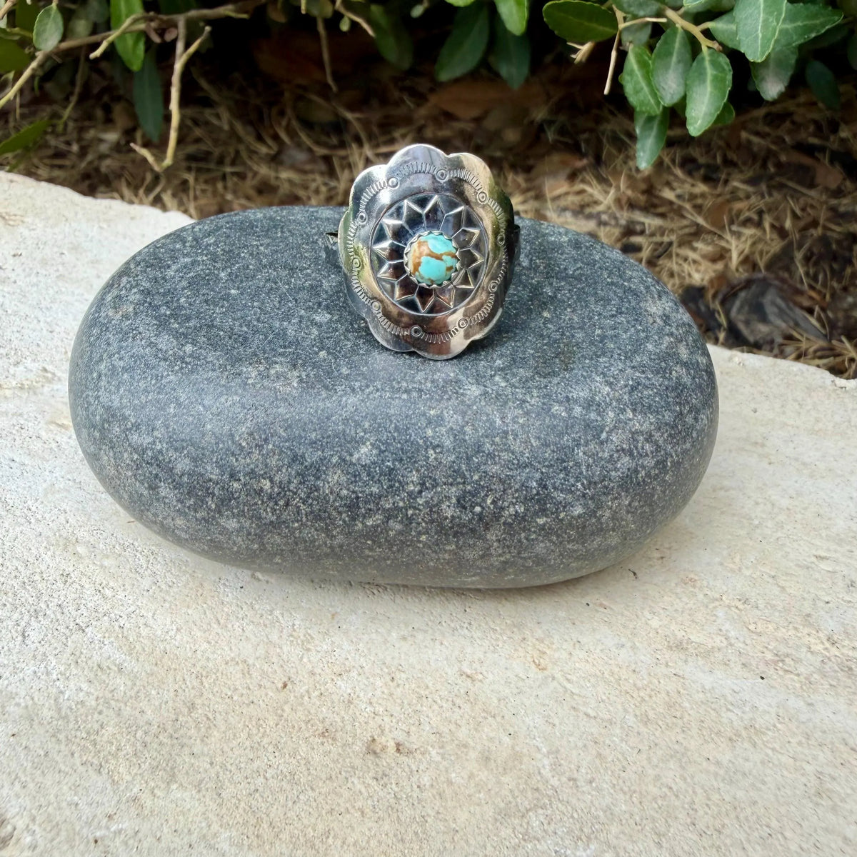 Turquoise Sunflower Concho Sterling Silver Ring • Number 8 Turquoise • Southwestern Band