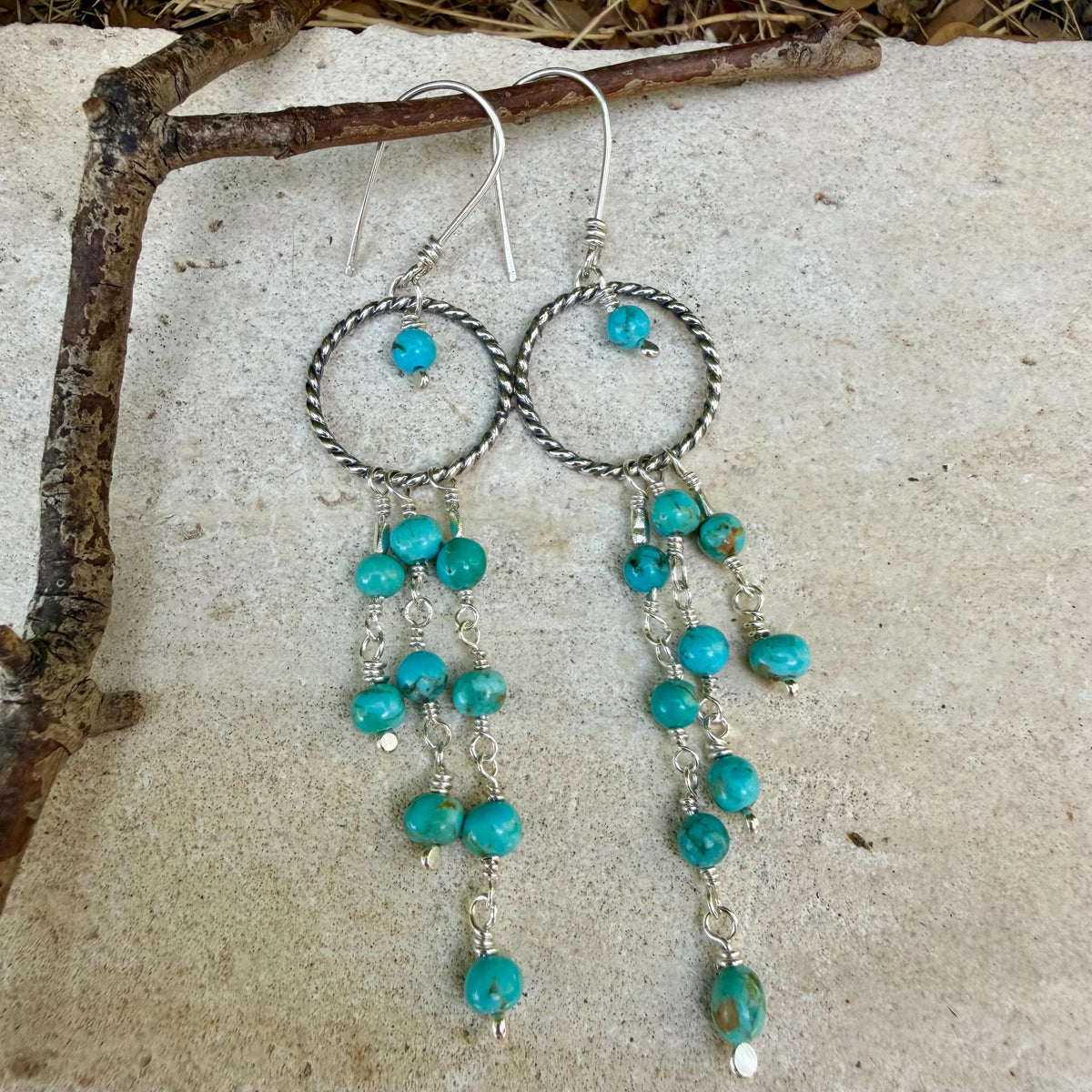 Southwestern Turquoise Earrings | Kingman Turquoise Sterling Silver Chandelier Dangles