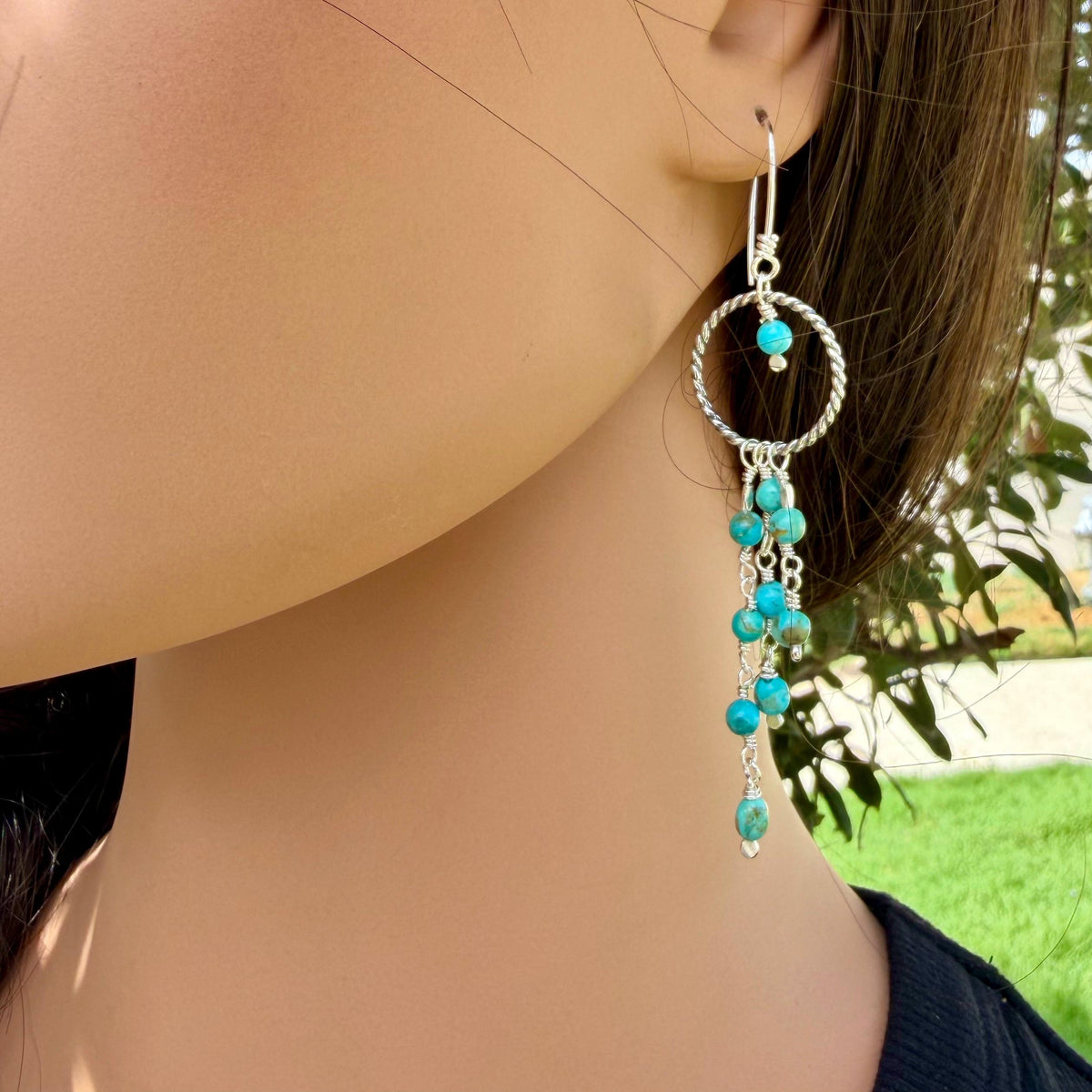 Southwestern Turquoise Earrings | Kingman Turquoise Sterling Silver Chandelier Dangles