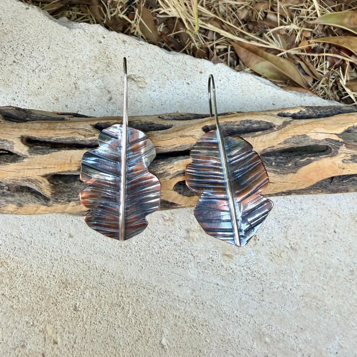 Copper & Silver Leaf Earrings • Mixed Metal Dangle Earrings