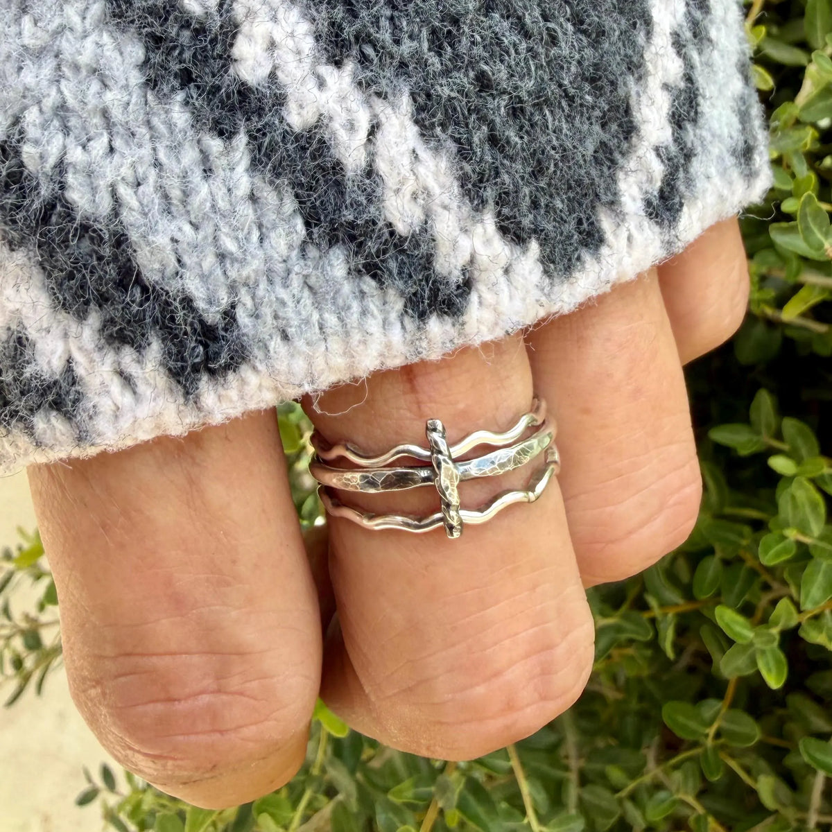 Sterling Silver Sideways Cross Ring | Christian Faith Ring | Stack Band Set