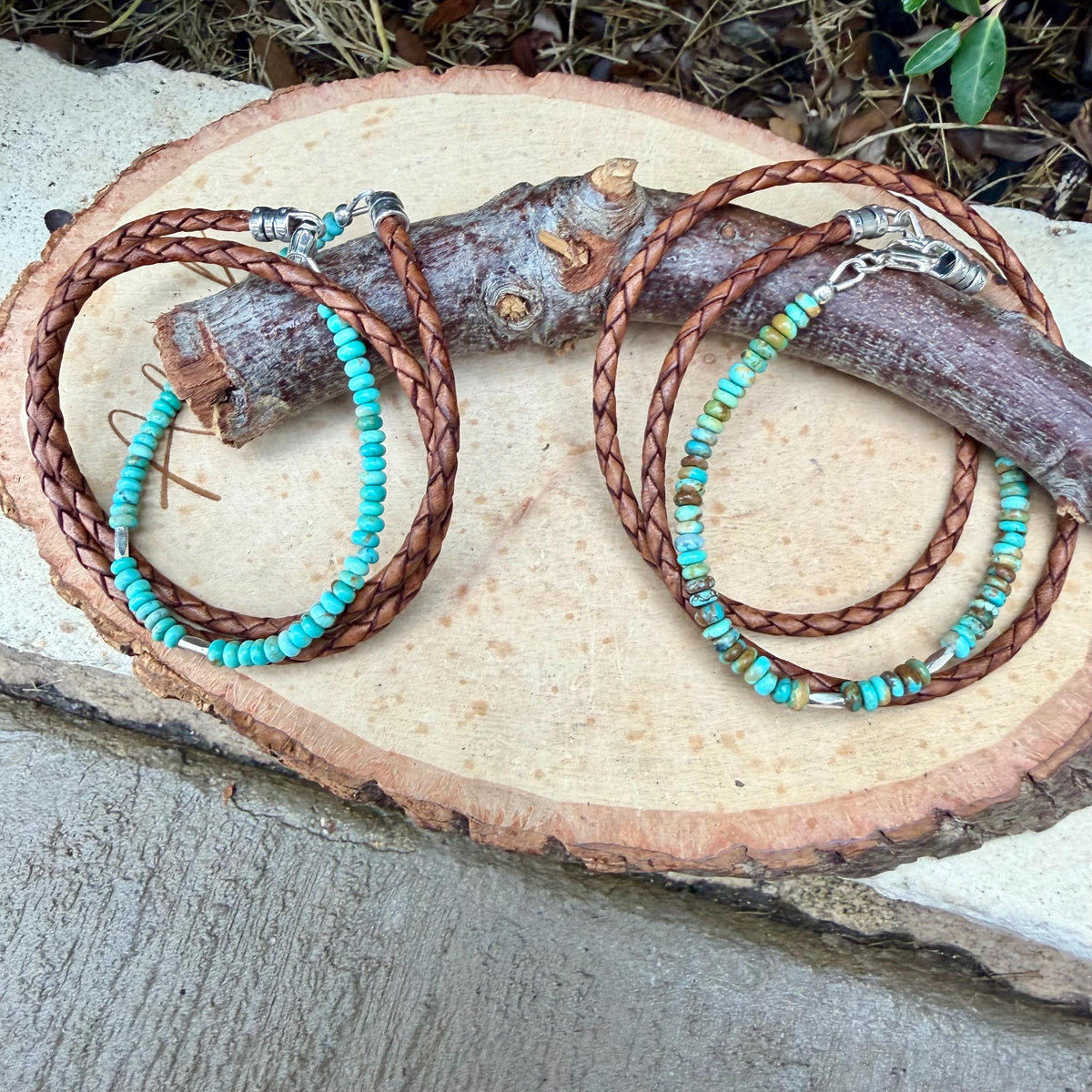Kingman Turquoise Triple Wrap Bracelet • Braided Leather • Sterling Silver Jewelry