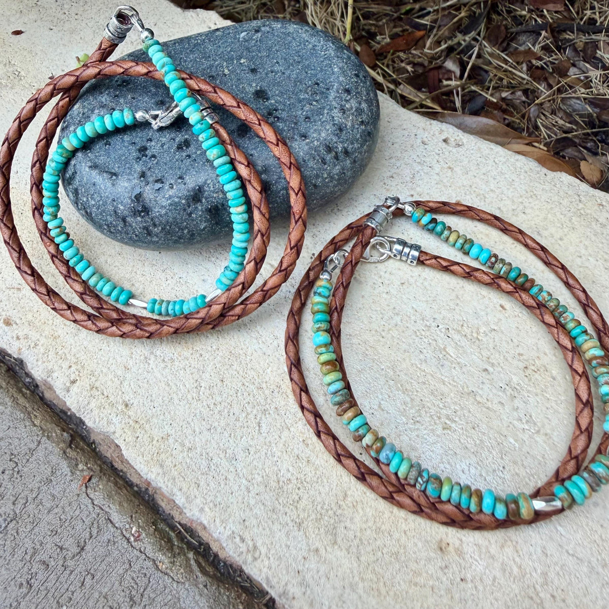 Kingman Turquoise Triple Wrap Bracelet • Braided Leather • Sterling Silver Jewelry