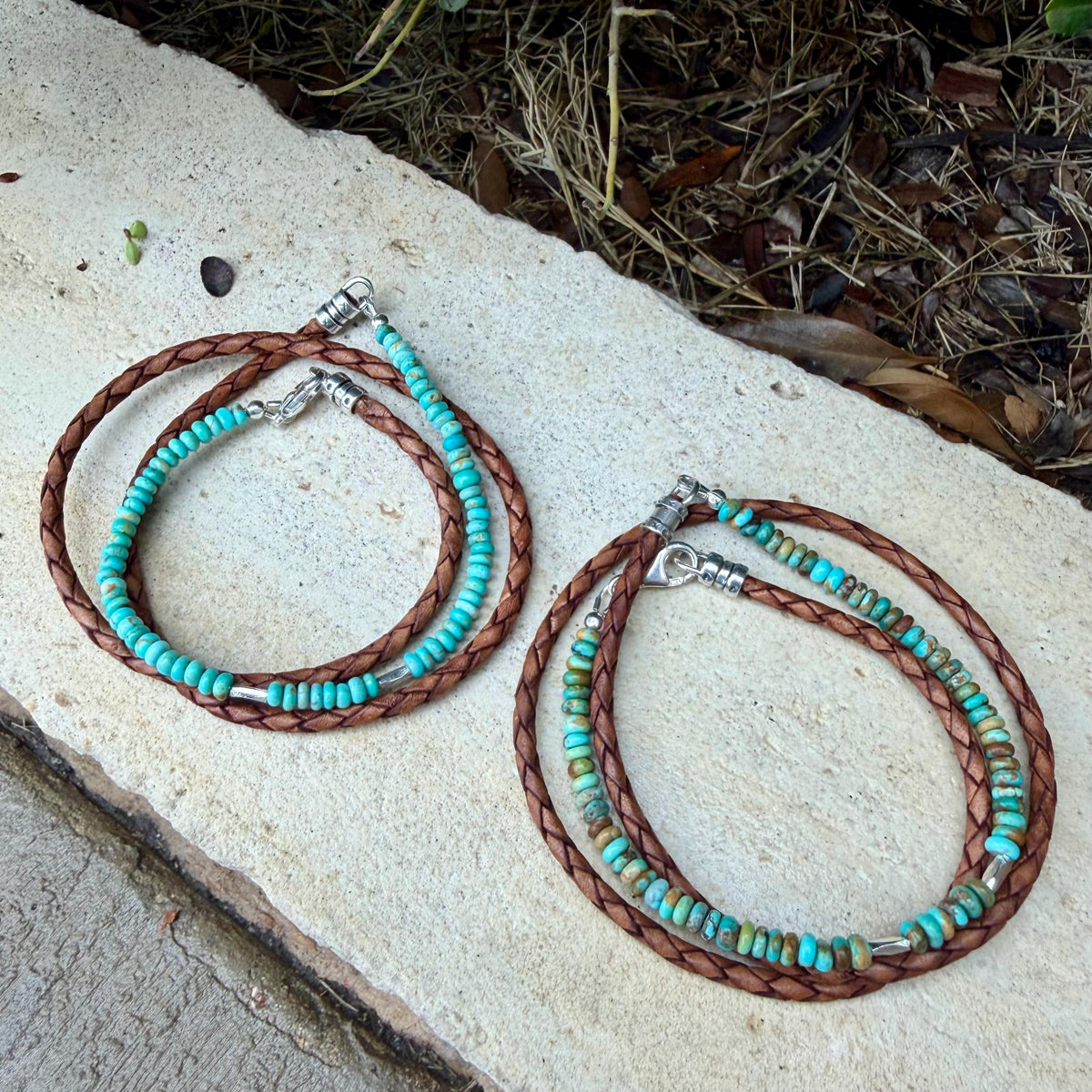 Kingman Turquoise Triple Wrap Bracelet • Braided Leather • Sterling Silver Jewelry