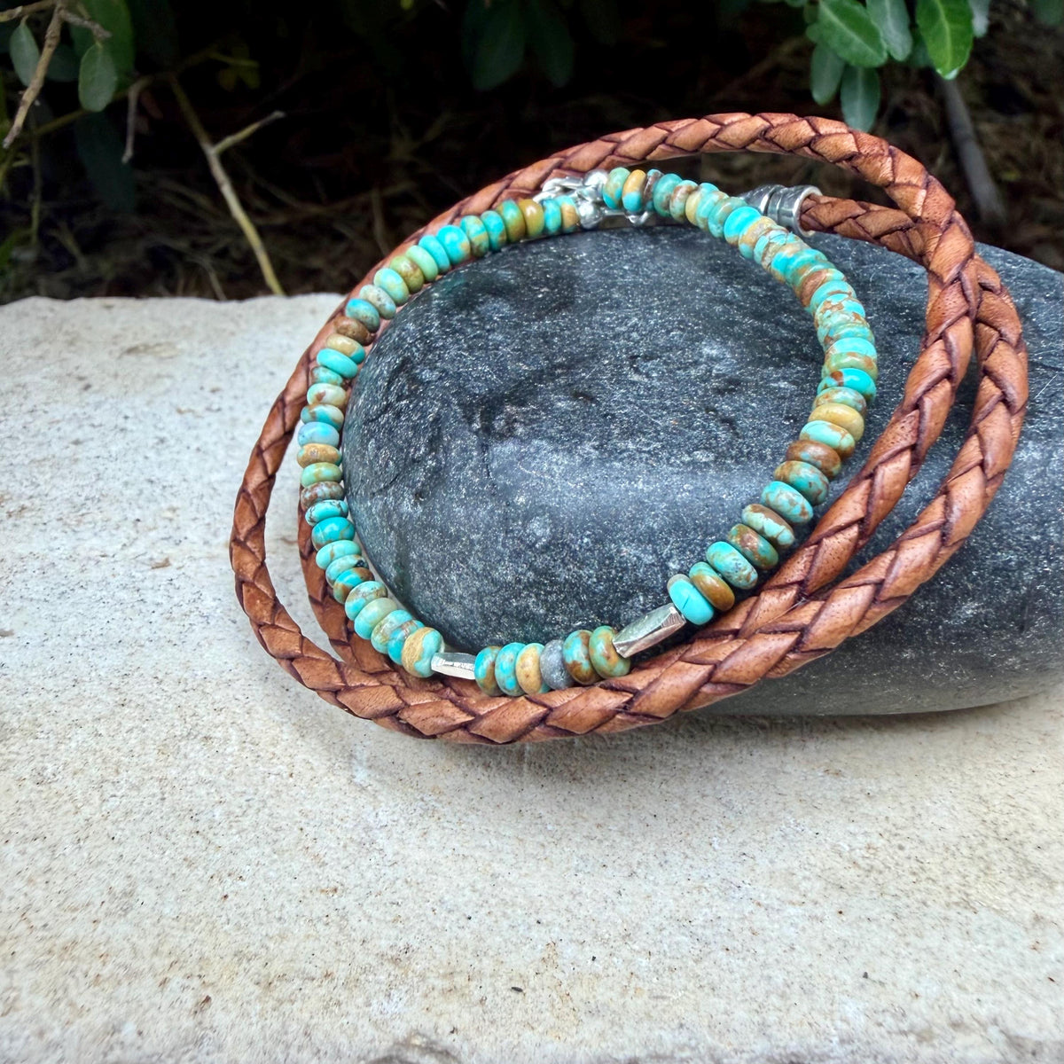 Kingman Turquoise Triple Wrap Bracelet • Braided Leather • Sterling Silver Jewelry