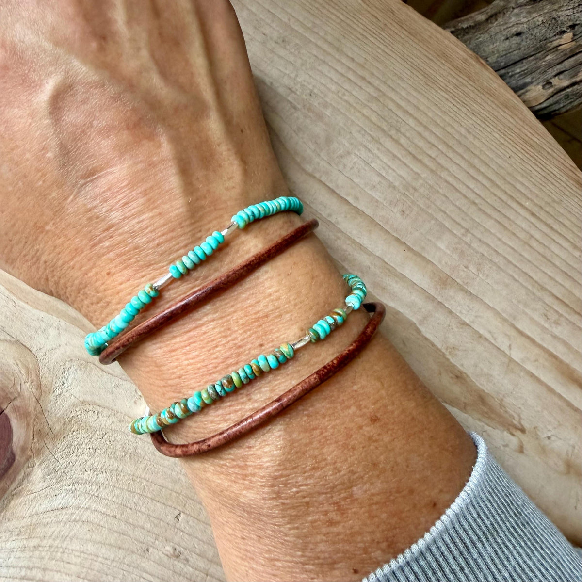 Dainty Genuine Kingman Turquoise Bracelet • Leather Wrap • Sterling Silver Jewelry