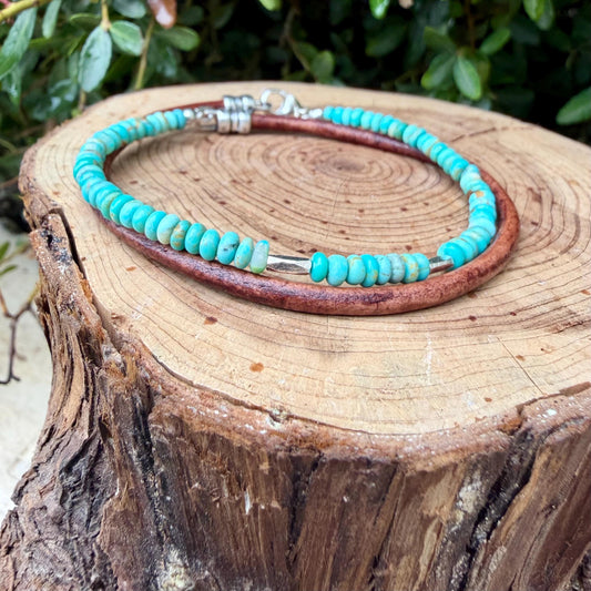 Dainty Genuine Kingman Turquoise Bracelet • Leather Wrap • Sterling Silver Jewelry