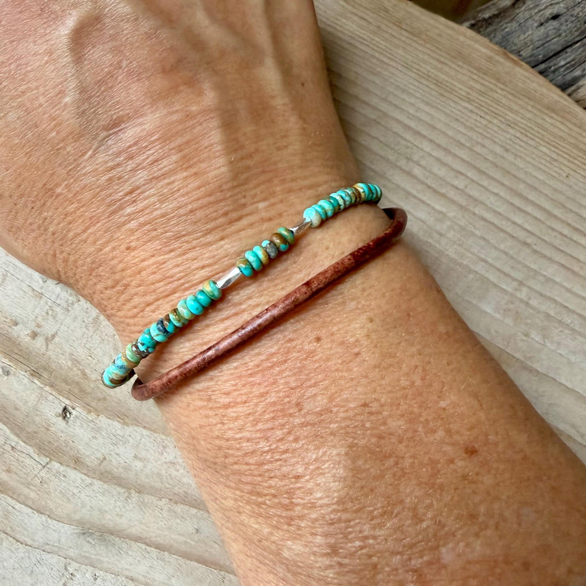 Dainty Genuine Kingman Turquoise Bracelet • Leather Wrap • Sterling Silver Jewelry