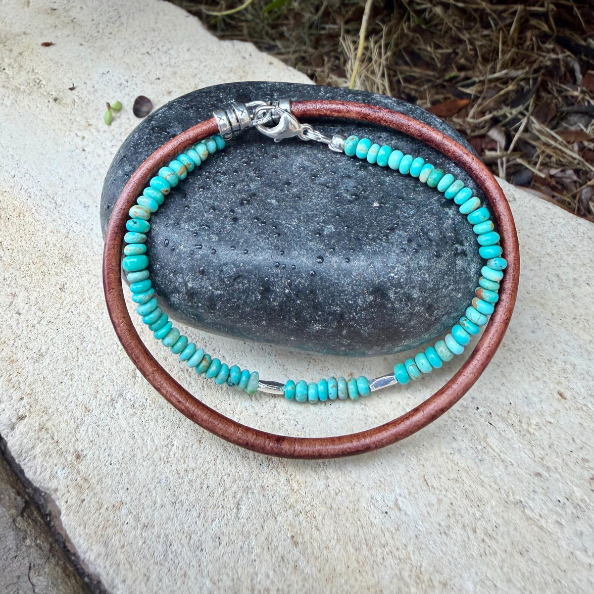Dainty Genuine Kingman Turquoise Bracelet • Leather Wrap • Sterling Silver Jewelry