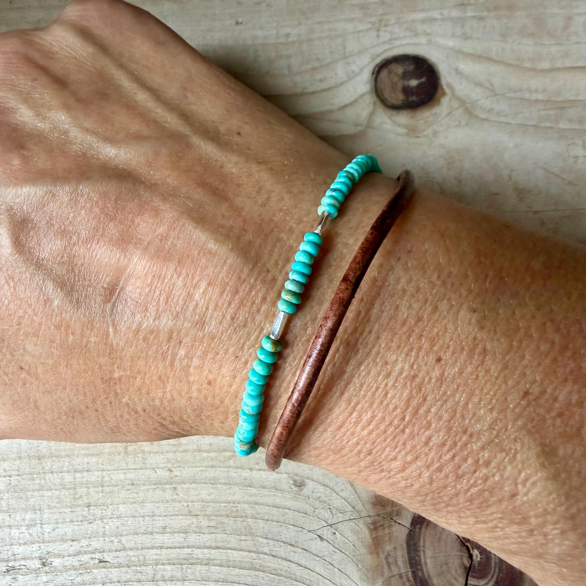 Dainty Genuine Kingman Turquoise Bracelet • Leather Wrap • Sterling Silver Jewelry