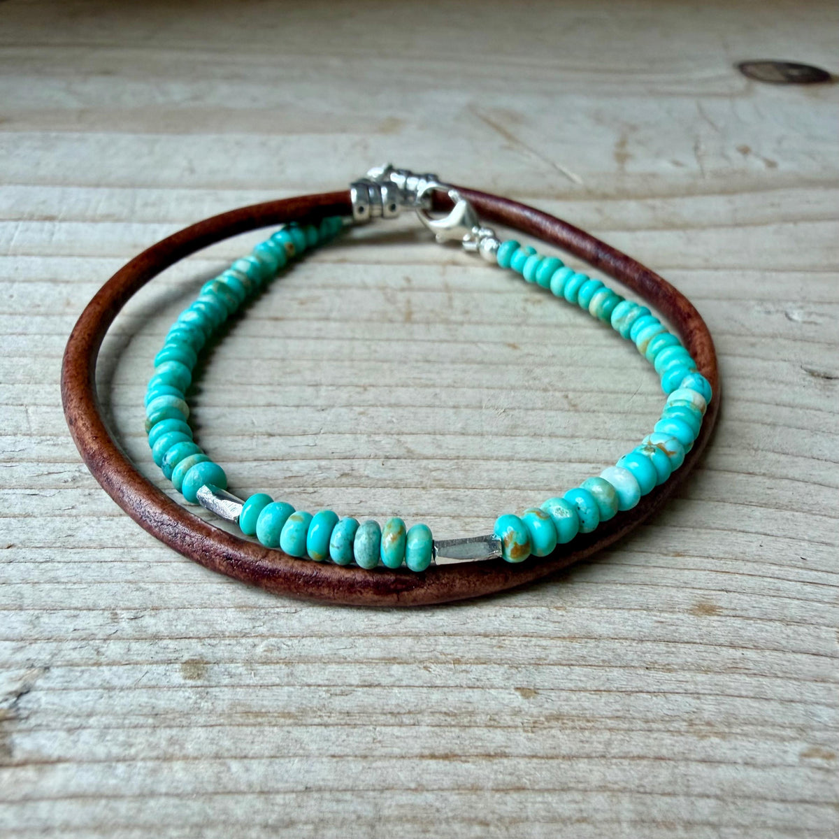 Dainty Genuine Kingman Turquoise Bracelet • Leather Wrap • Sterling Silver Jewelry