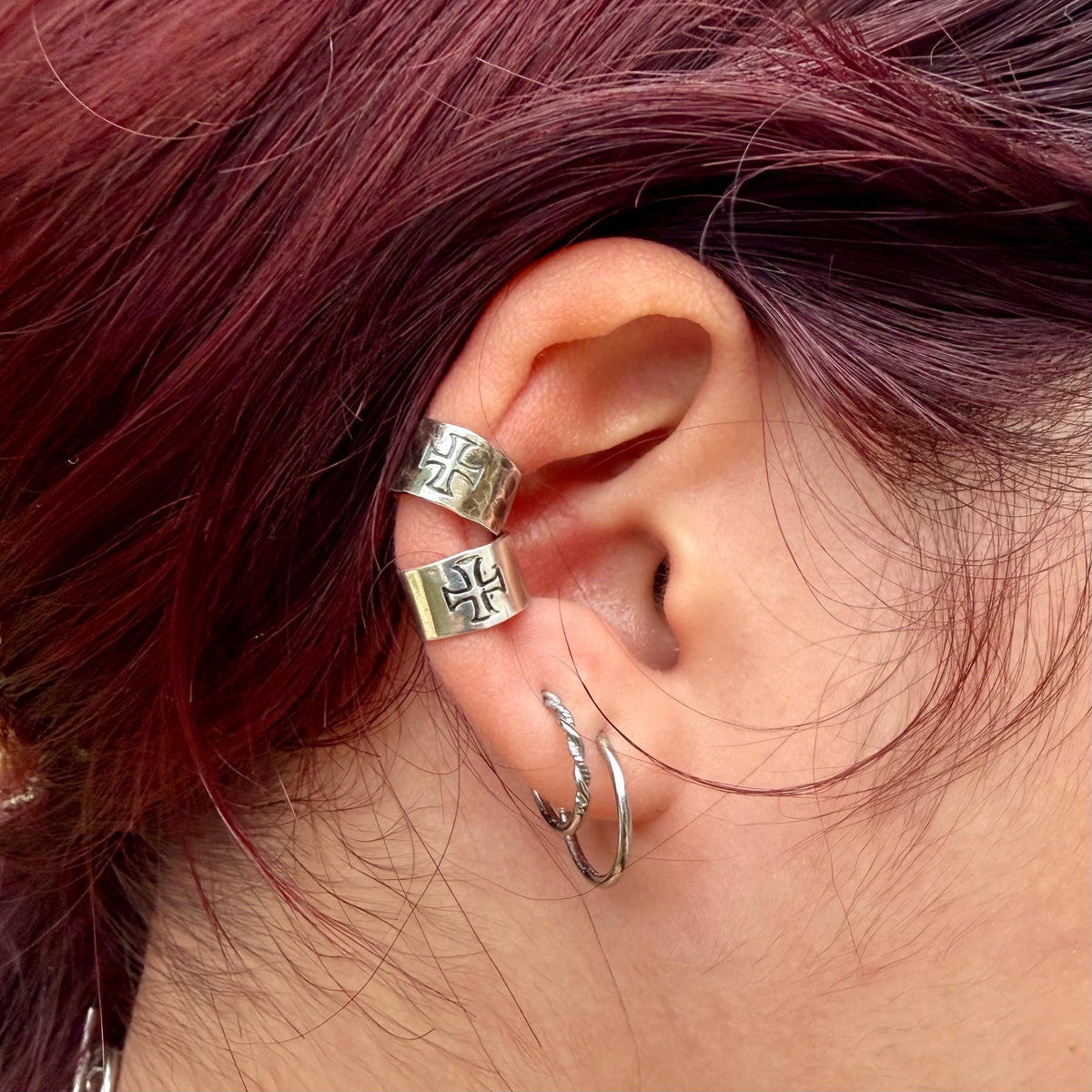 Sterling Silver Medieval Cross Ear Cuff • Faux Conch • No Piercing Needed