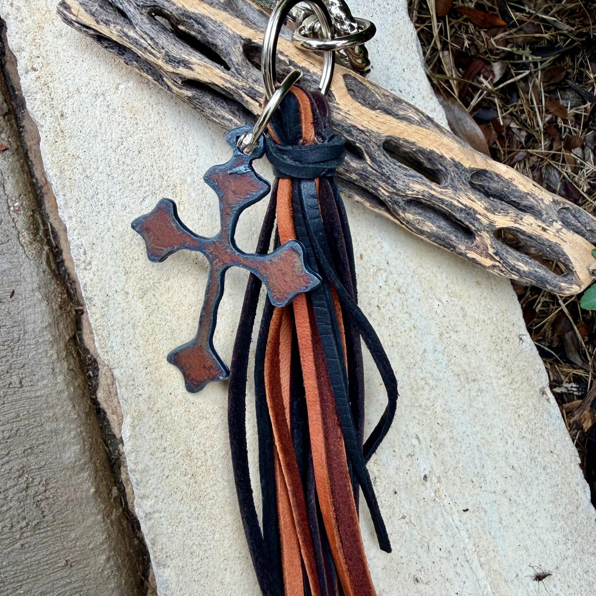 Leather Tassel Keychain • Rusted Cross Dangle • Western Faith Keychain