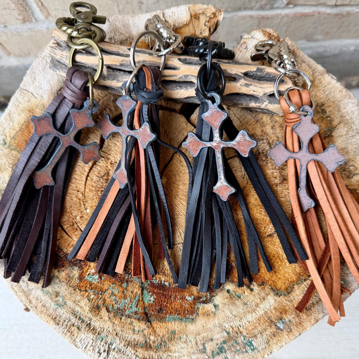 Leather Tassel Keychain • Rusted Cross Dangle • Western Faith Keychain