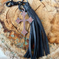 Leather Tassel Keychain • Rusted Cross Dangle • Western Faith Keychain