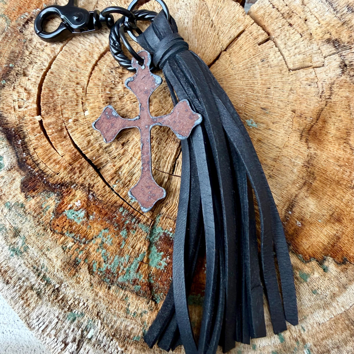 Leather Tassel Keychain • Rusted Cross Dangle • Western Faith Keychain