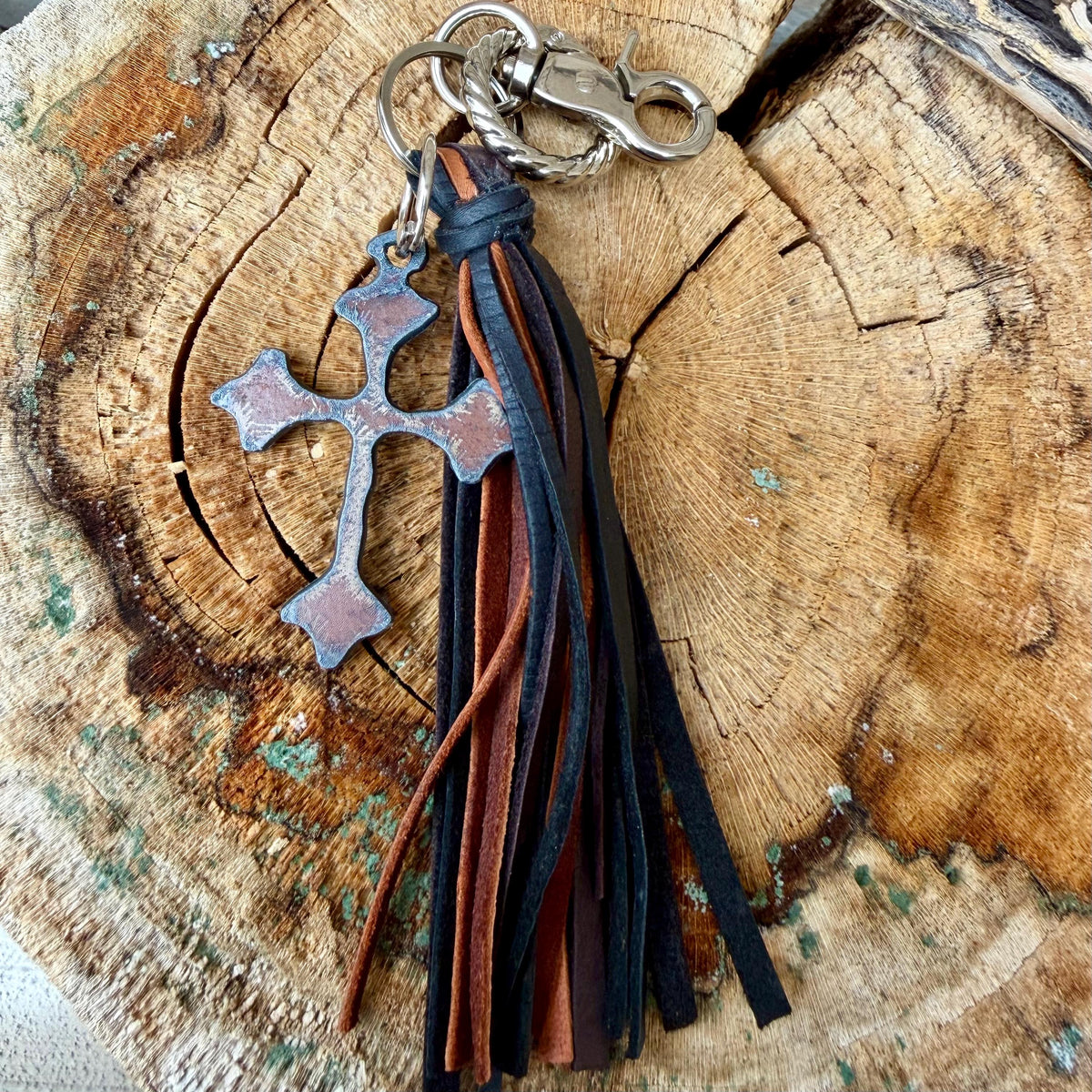 Leather Tassel Keychain • Rusted Cross Dangle • Western Faith Keychain