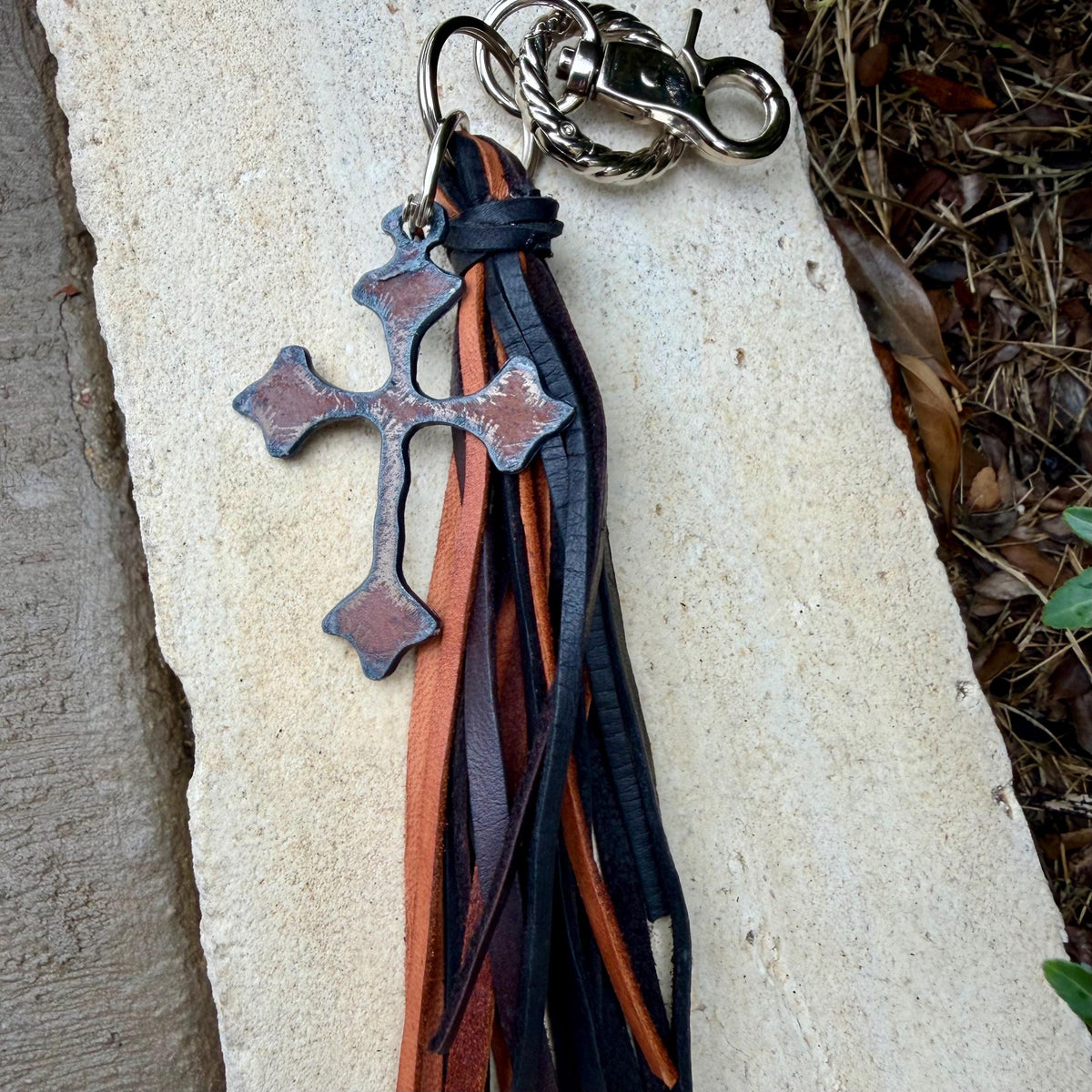 Leather Tassel Keychain • Rusted Cross Dangle • Western Faith Keychain