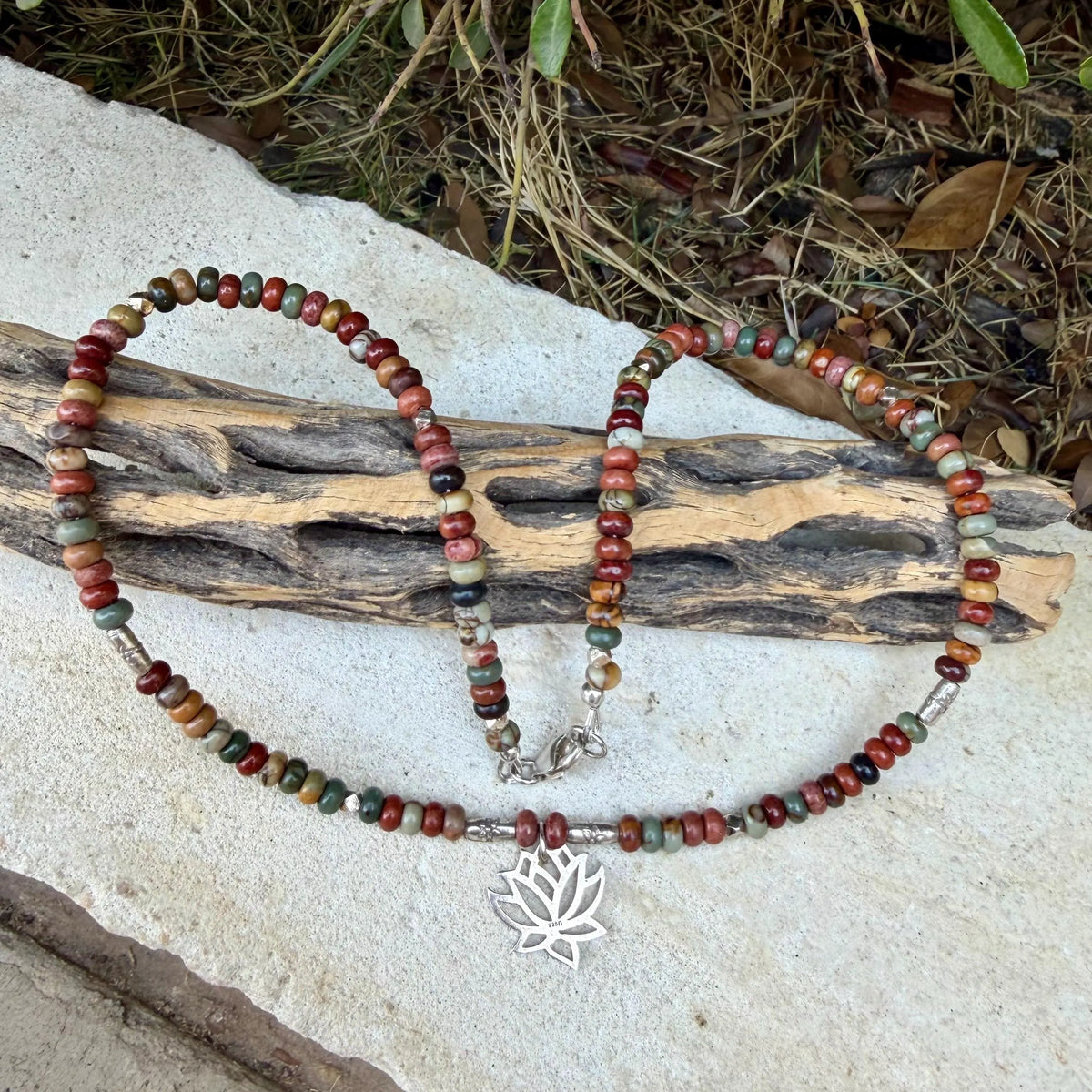 Picasso Jasper Necklace – Lotus Pendant, Sterling Silver Spacers, Custom Length, Artistic Earthy Elegance