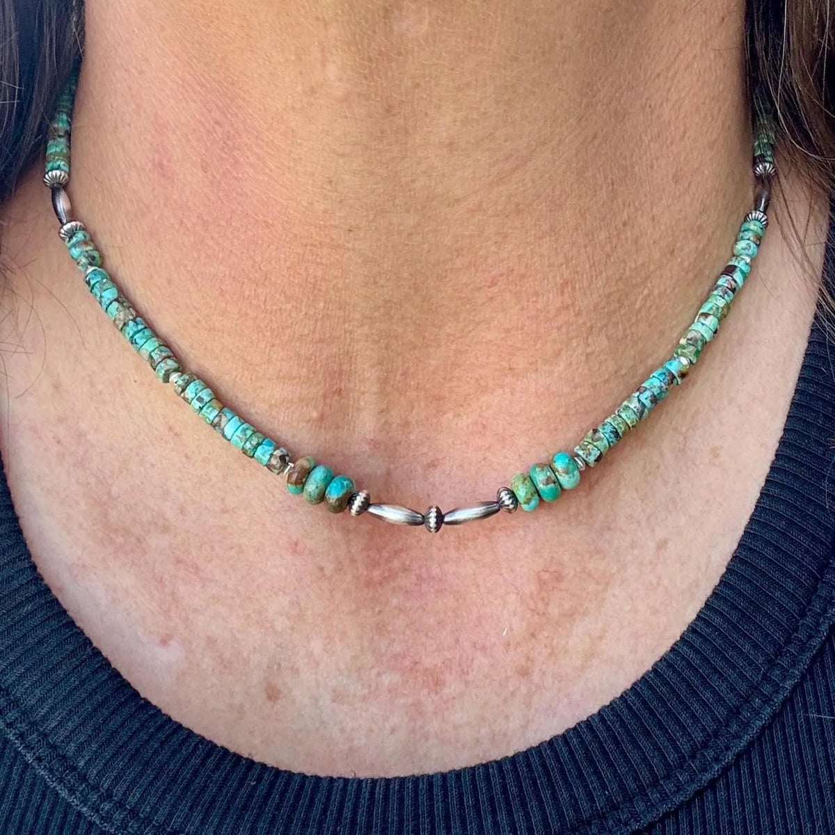 Kingman & Hubei Turquoise Choker • Desert Pearls • Sterling Silver Necklace