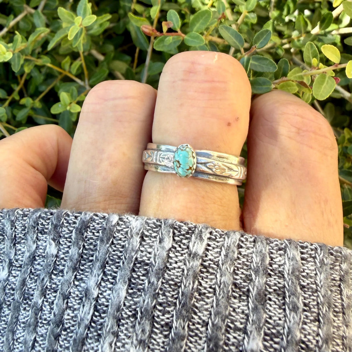 Sterling Silver Vintage Heirloom Turquoise Band Ring | Floral Butterfly Pattern Ring