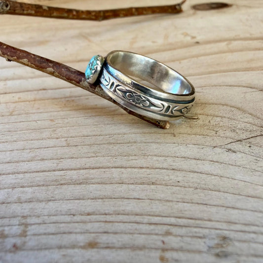 Sterling Silver Vintage Heirloom Turquoise Band Ring | Floral Butterfly Pattern Ring