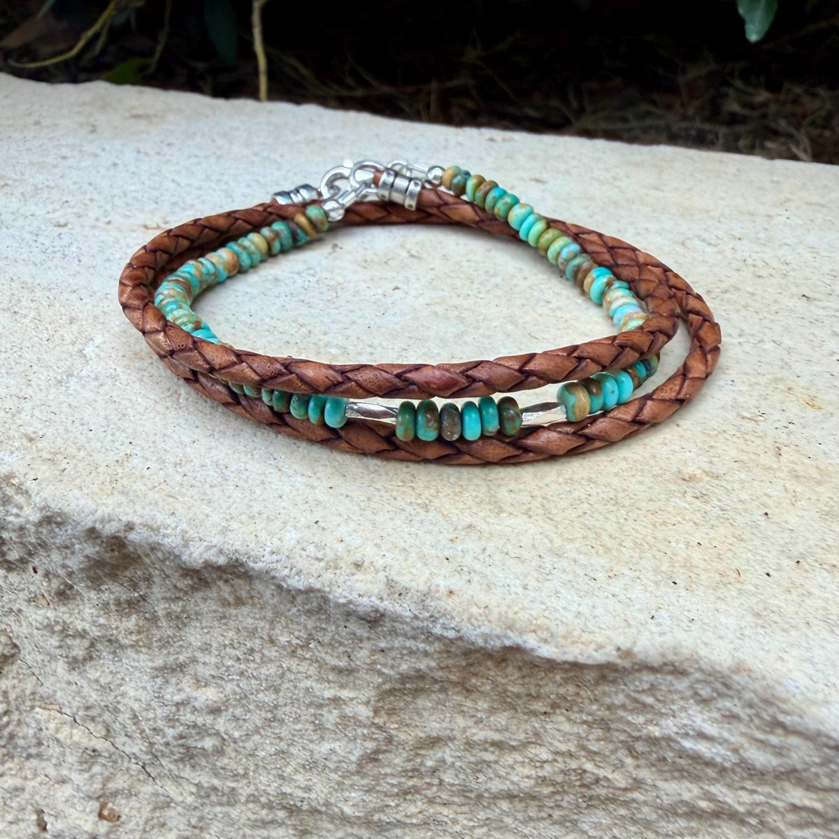 Kingman Turquoise Triple Wrap Bracelet • Braided Leather • Sterling Silver Jewelry