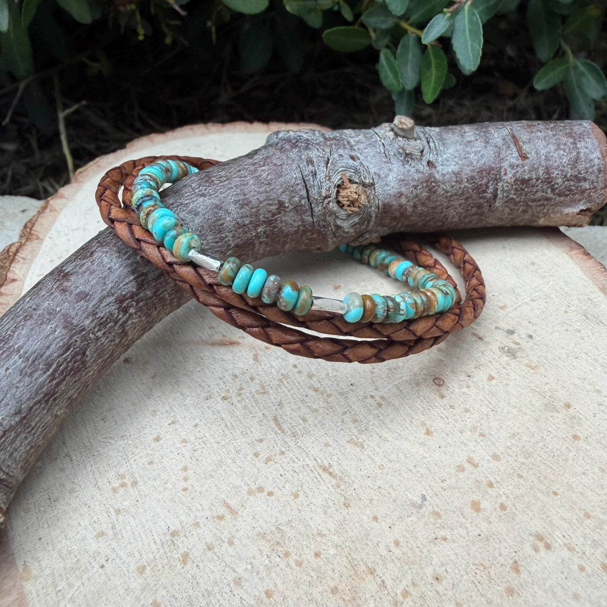 Kingman Turquoise Triple Wrap Bracelet • Braided Leather • Sterling Silver Jewelry