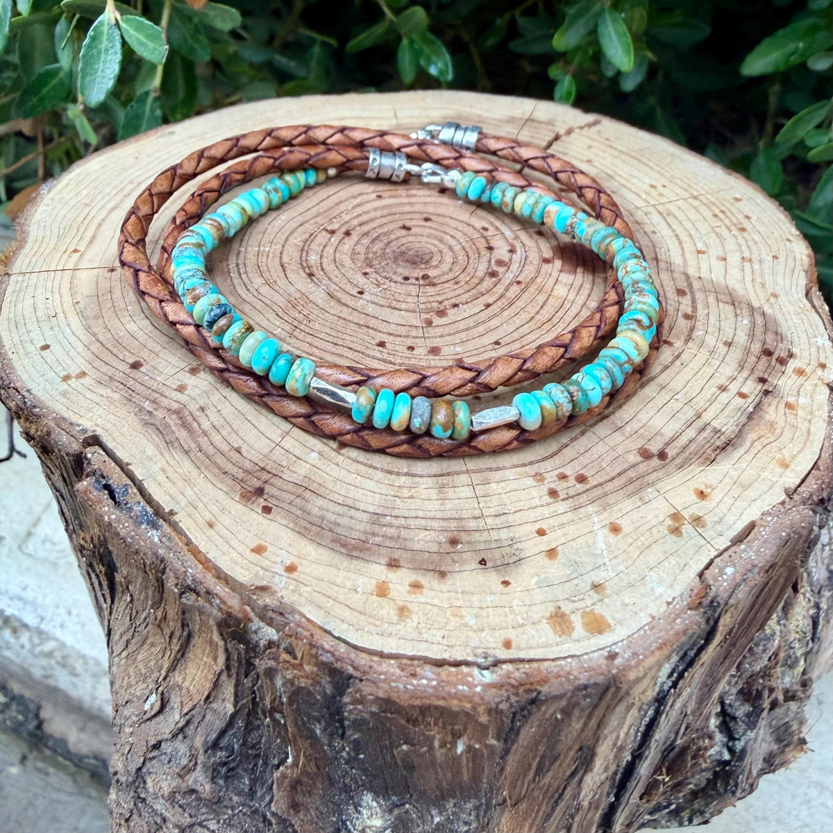 Kingman Turquoise Triple Wrap Bracelet • Braided Leather • Sterling Silver Jewelry