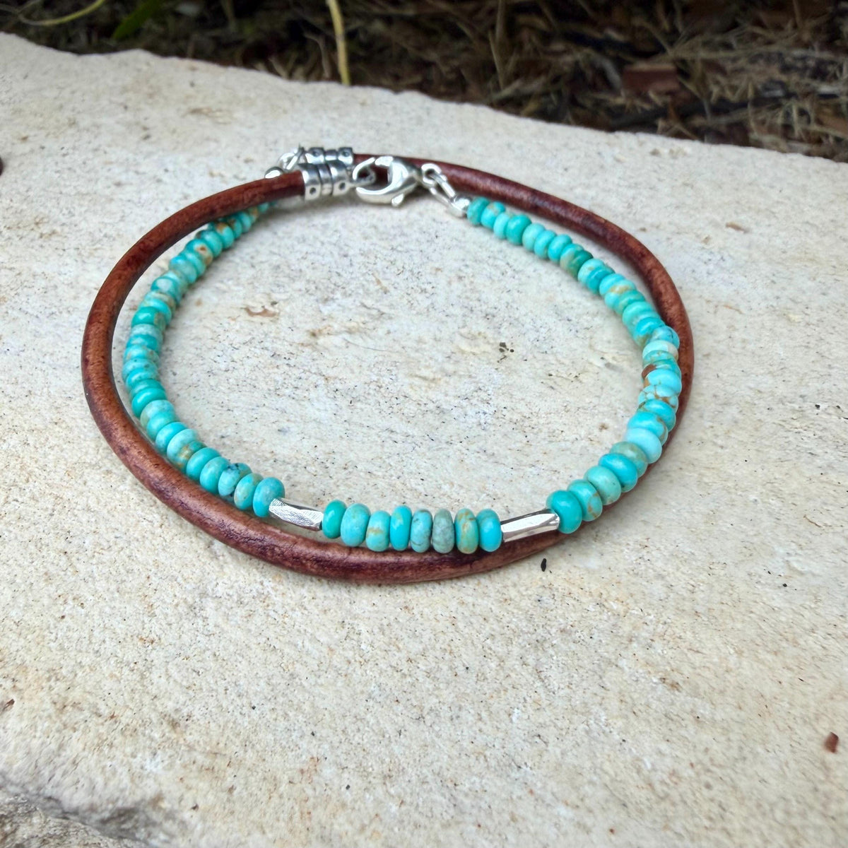 Dainty Genuine Kingman Turquoise Bracelet • Leather Wrap • Sterling Silver Jewelry