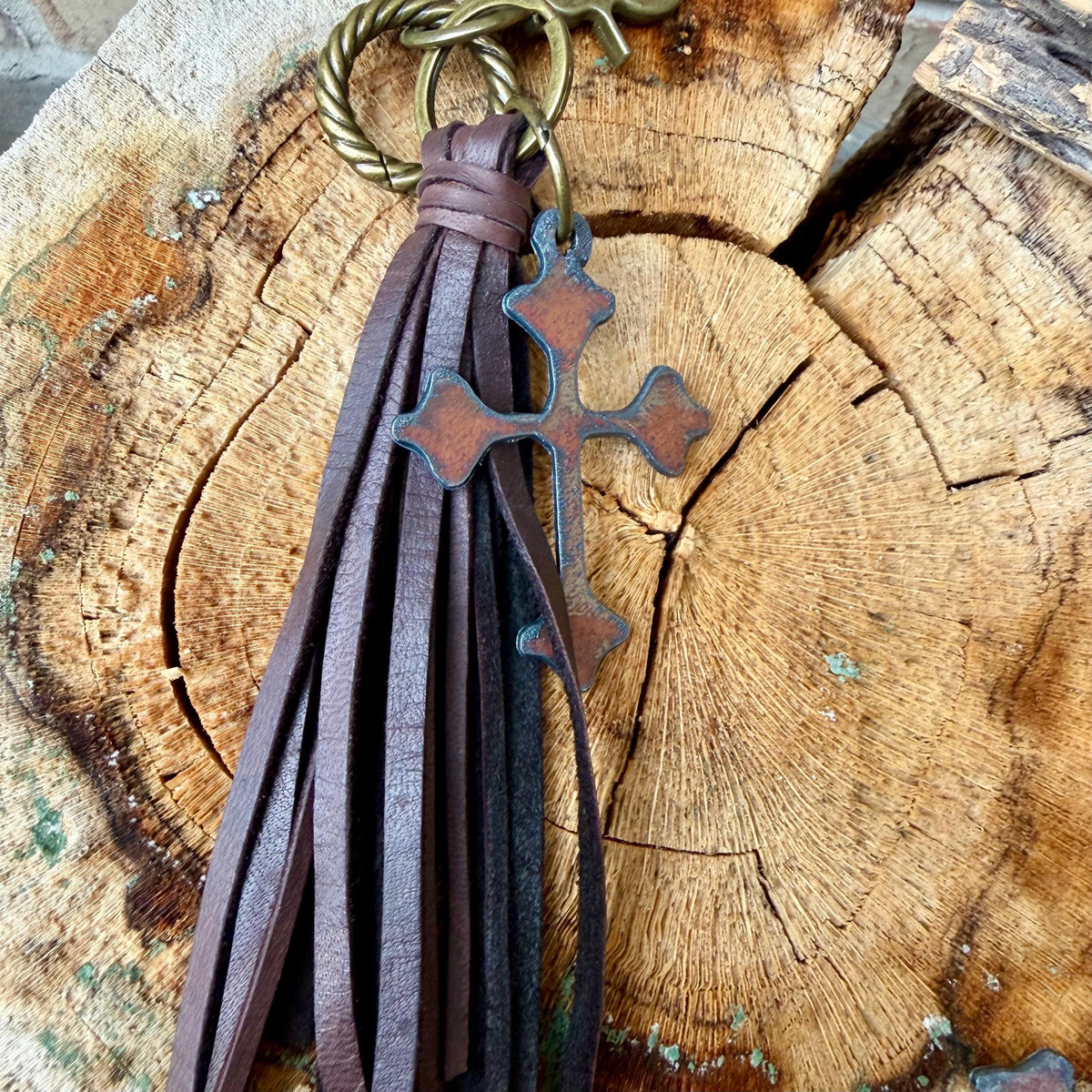 Leather Tassel Keychain • Rusted Cross Dangle • Western Faith Keychain