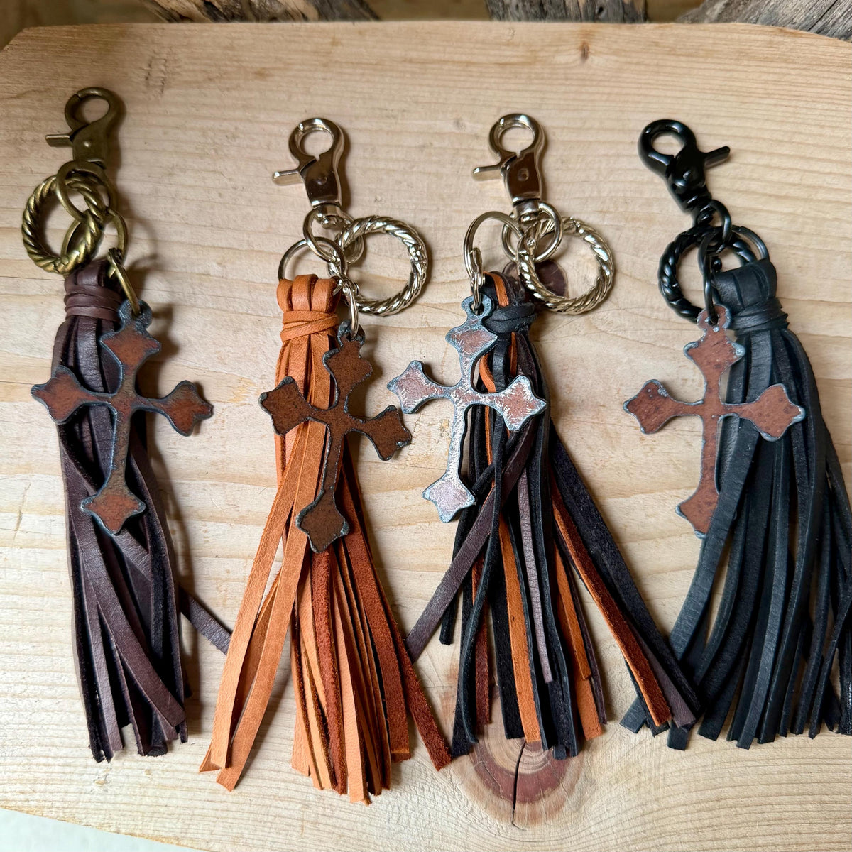 Leather Tassel Keychain • Rusted Cross Dangle • Western Faith Keychain