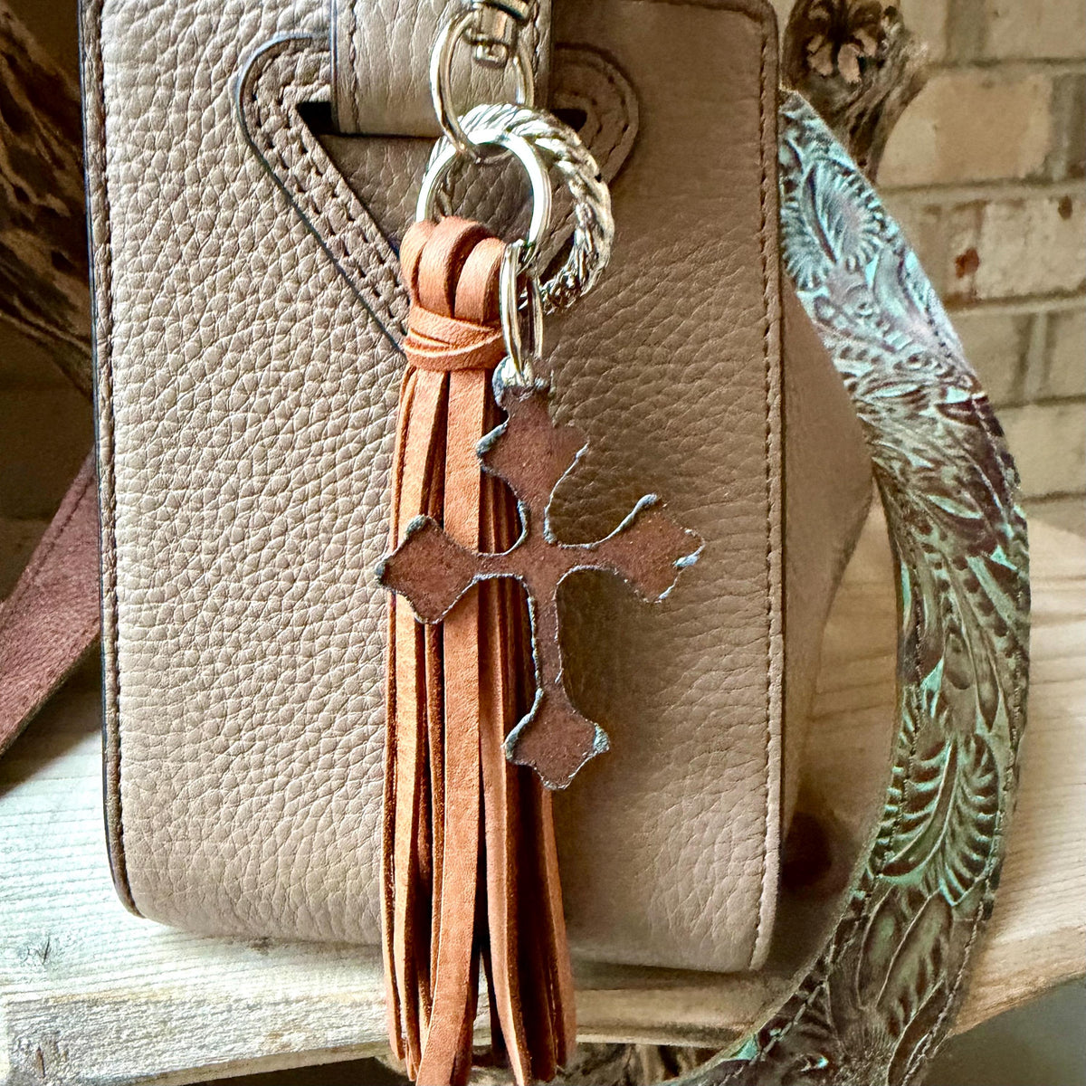 Leather Tassel Keychain • Rusted Cross Dangle • Western Faith Keychain