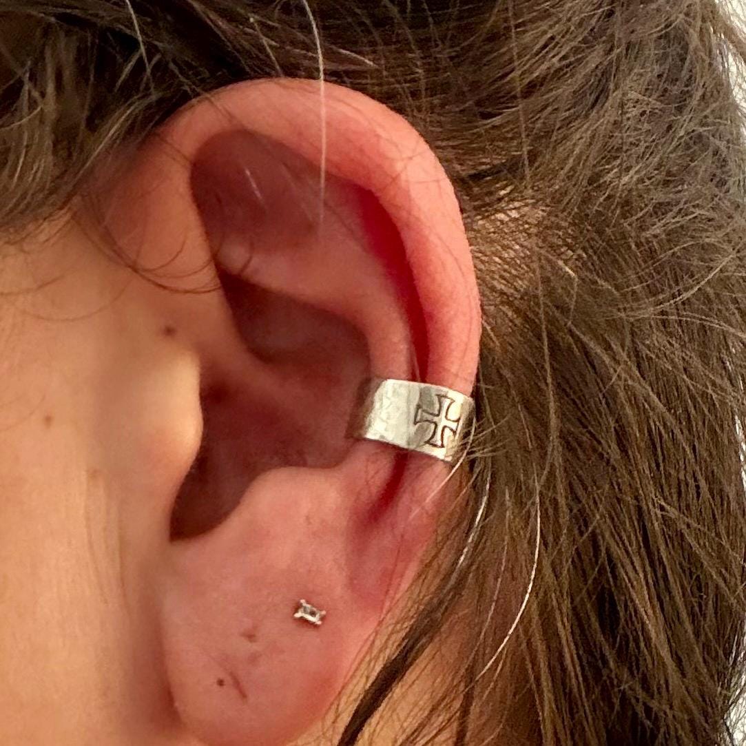 Sterling Silver Medieval Cross Ear Cuff • Faux Conch • No Piercing Needed