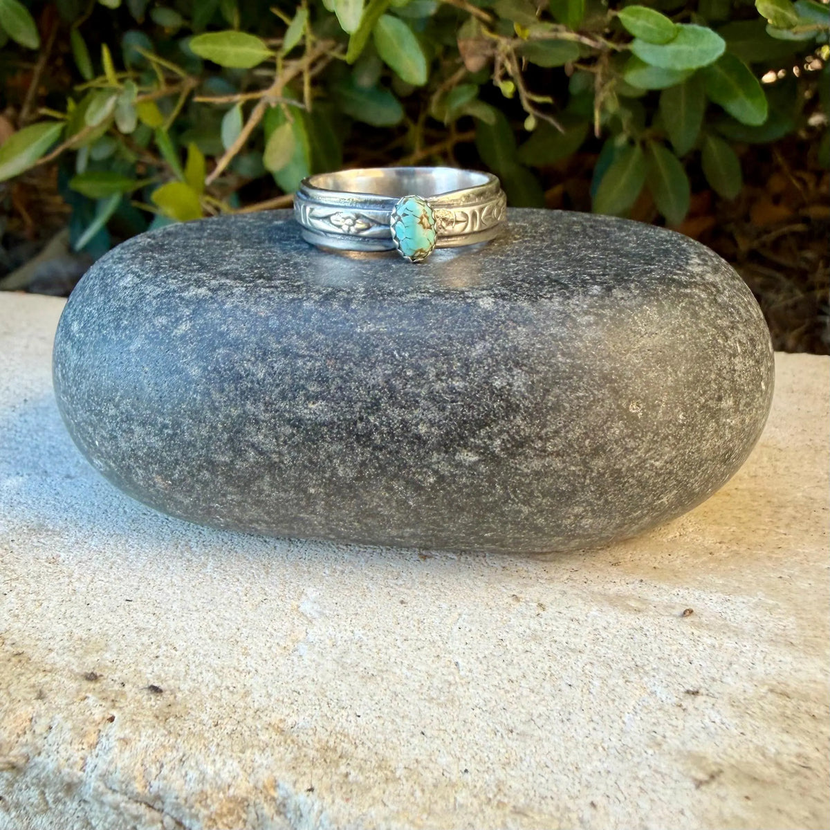 Sterling Silver Vintage Heirloom Turquoise Band Ring | Floral Butterfly Pattern Ring
