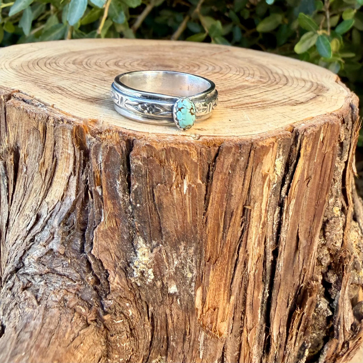 Sterling Silver Vintage Heirloom Turquoise Band Ring | Floral Butterfly Pattern Ring
