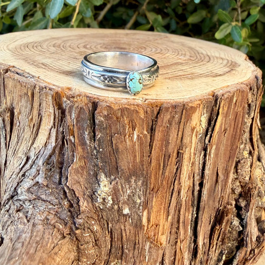Sterling Silver Vintage Heirloom Turquoise Band Ring | Floral Butterfly Pattern Ring