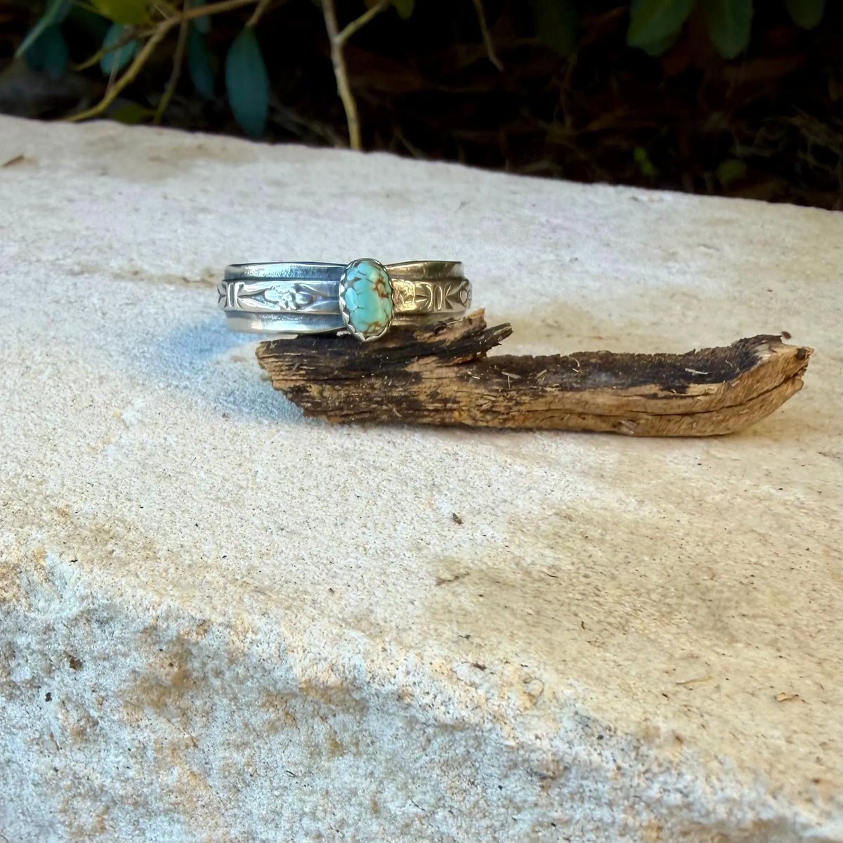 Sterling Silver Vintage Heirloom Turquoise Band Ring | Floral Butterfly Pattern Ring