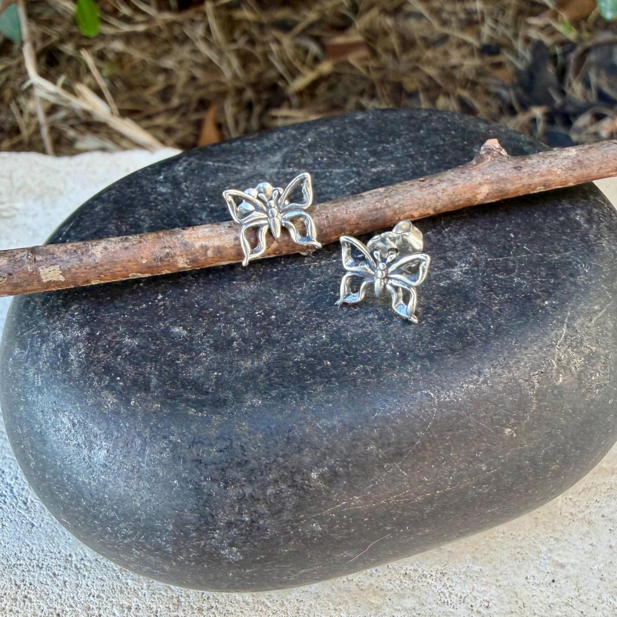 Sterling Silver Butterfly Stud Earrings, Dainty Oxidized Nature Jewelry
