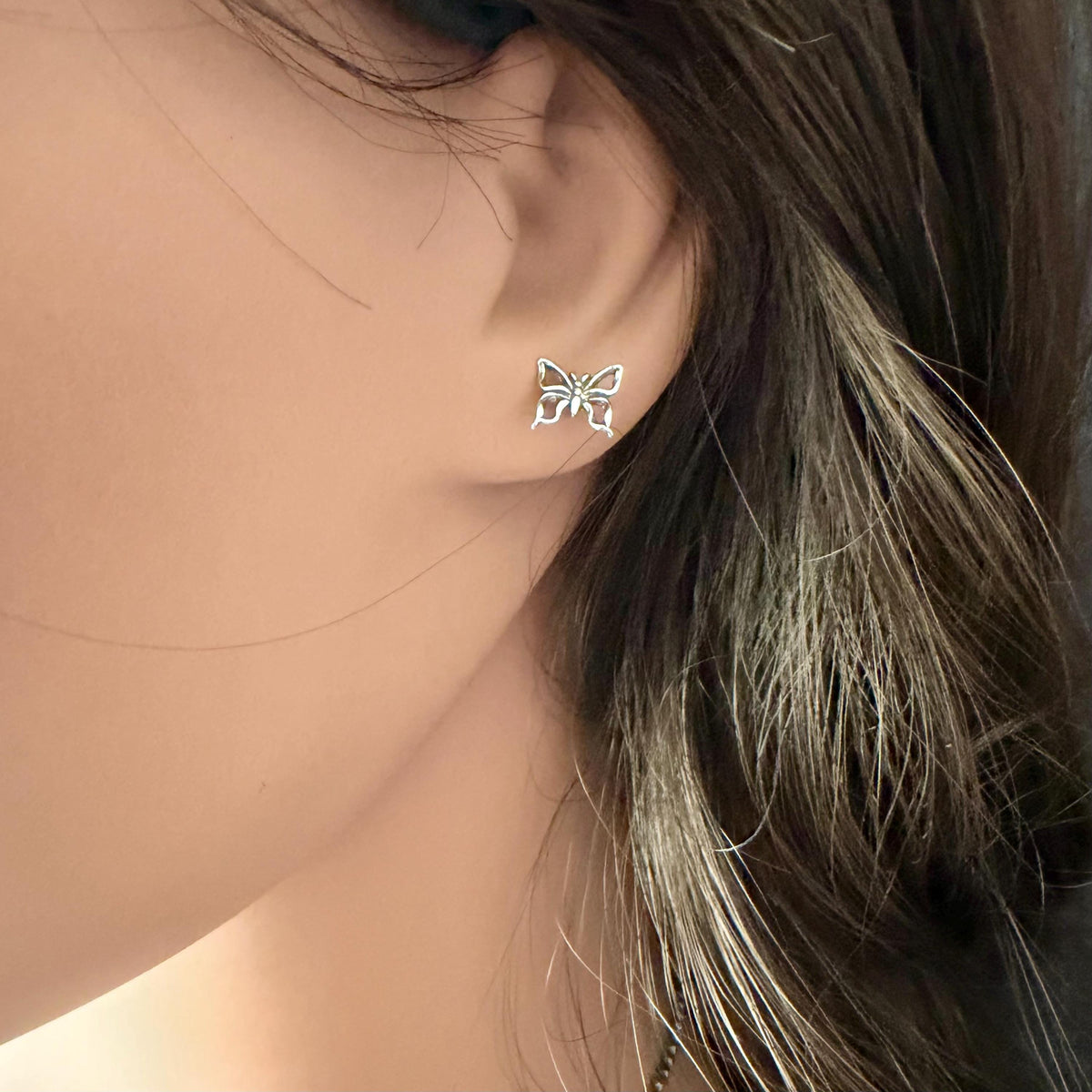 Sterling Silver Butterfly Stud Earrings, Dainty Oxidized Nature Jewelry